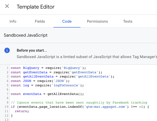 The BigQuery tag template filter code