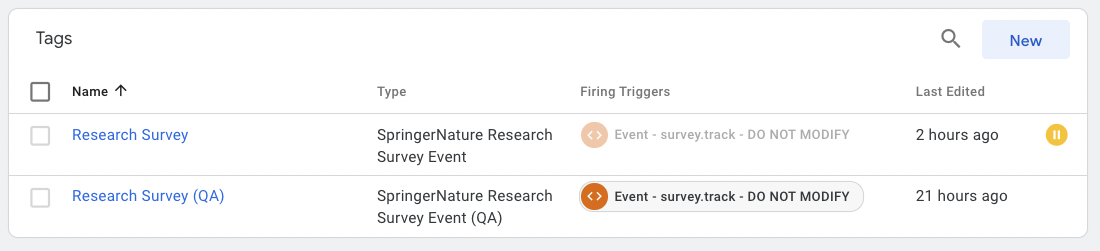 The tag configuration for testing in QA